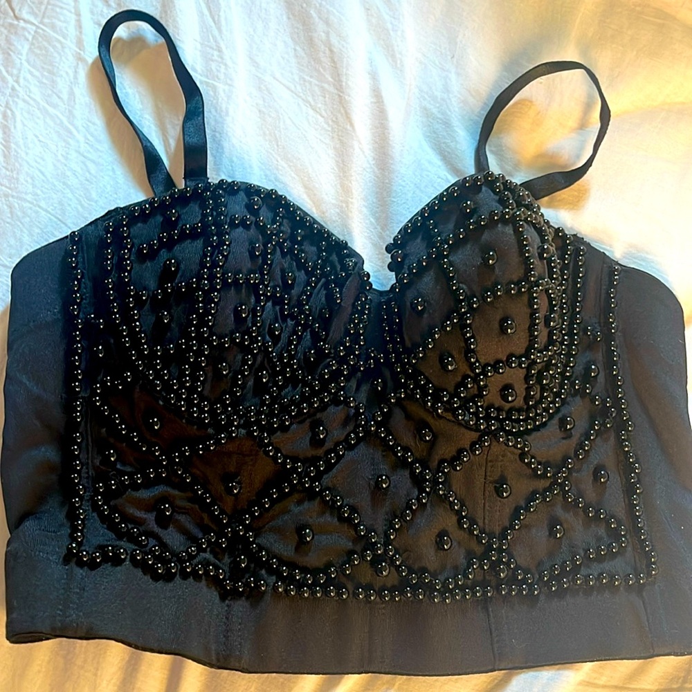 Black beaded bustier spandex and poly size small/med with or without straps incl